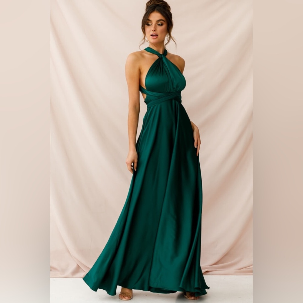 Selfie Leslie silky dress. Ariana Multiway Maxi Dress Green Jade